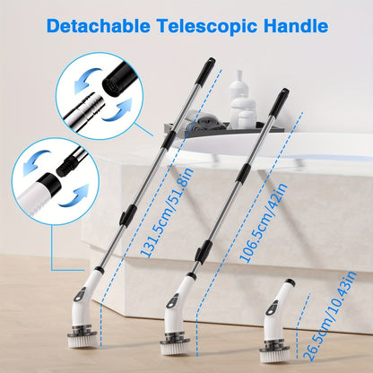 Electric Spin Scrubber Cordless 7-in-1 Cleaning Brush with 7 Replaceable Heads Dual Speed Adjustable Detachable Telescopic Handle for Bathroom Tile Tub Kitchen Car Floor Grout Scrubbing