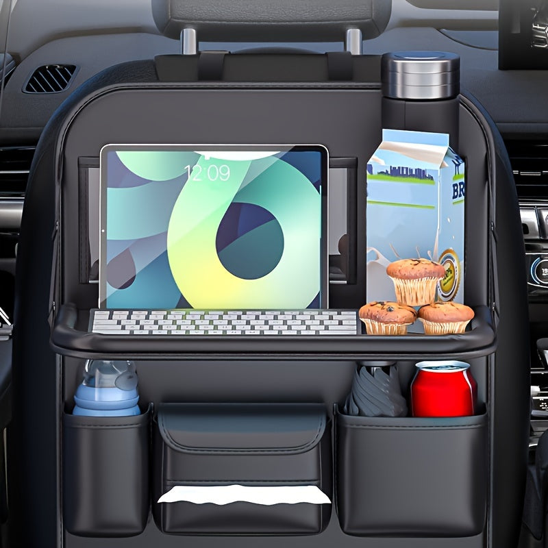 Car Seat Back Organizer PU Leather – Multifunctional Back Seat Storage Bag with Foldable Dining Table, Cup Holder & Travel Pockets, Universal Fit for Cars SUVs Trucks, Road Trip Accessories