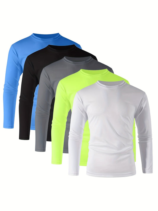 Men's Long Sleeve Shirts 5 Pack – Quick Dry Moisture Wicking 100% Polyester Athletic Tee, S-3XL, Running Training Hiking Golf Casual Wear