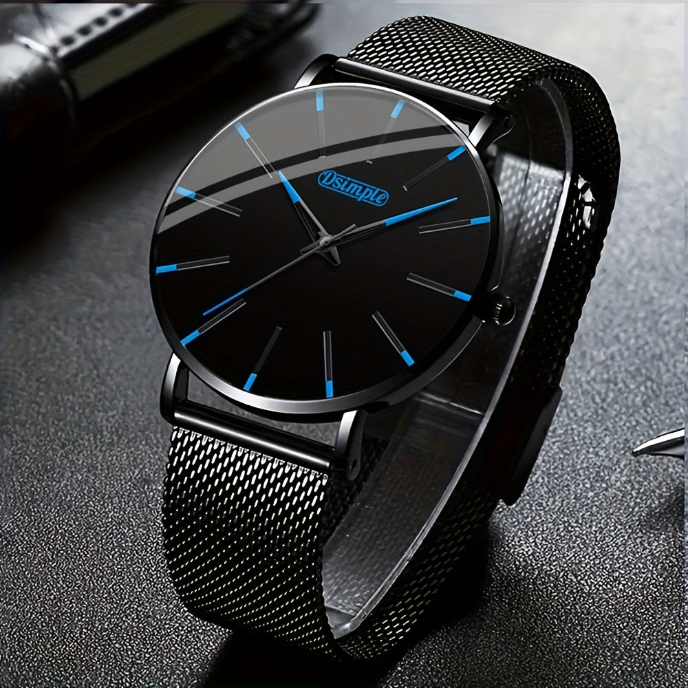 Men's Classic Quartz Watch with Stainless Steel Mesh Band – Black Dial Analog Digital Display, Date Day Stopwatch Chronograph, Scratch-Resistant Glass, Elegant Minimalist Dress Watch for Everyday Formal Wear, 5 Colors