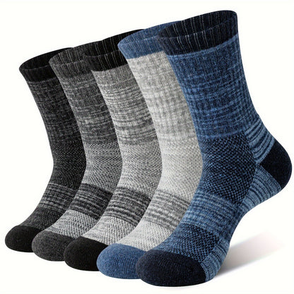 Merino Wool Hiking Socks 5 Pairs – Cushioned Compression Support, Sweat-Absorbing Breathable Thick Socks for Women & Men, Outdoor Hiking Trail Running Camping – Multicolor, Dark & Earth Tones, M & L