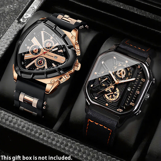 2pcs Men's Watch Set Sports Triangle Dial Silicone Strap and Retro Square Dial Quartz Watches with Date Display Dress Watch for Casual Valentine's Father's Day Gift