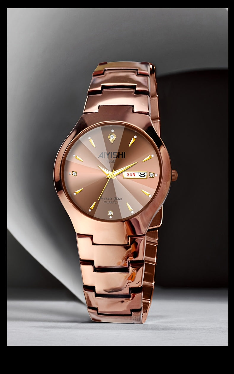 Men's Luxury Quartz Wristwatch with Double Calendar and Luminous Hands – Elegant Business Stainless Steel Watch for Men, Classic Gold Black White Dial, Perfect Gift for Him Birthday Anniversary