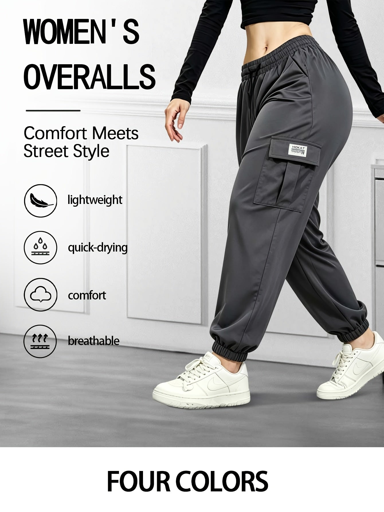 Women's Cargo Pants with Zippered Pockets – Elastic Drawstring Waist Large Pocket Casual Outdoor Trousers Black Grey Green Blue XS-XXL