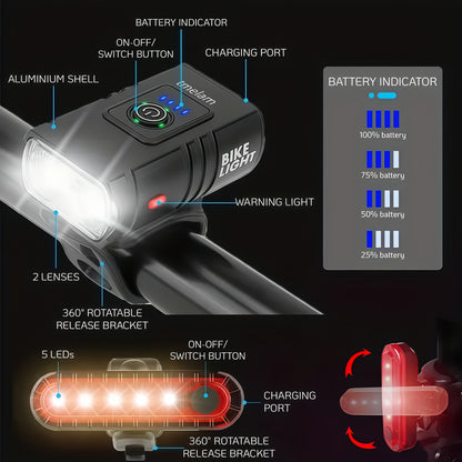Super Bright USB Rechargeable Bike Light Set – LED Front Headlight 1200mAh & Rear Taillight 330mAh, 6+4 Modes, 180° Wide Beam, Safety Bell Included, for Mountain Road & Night Cycling