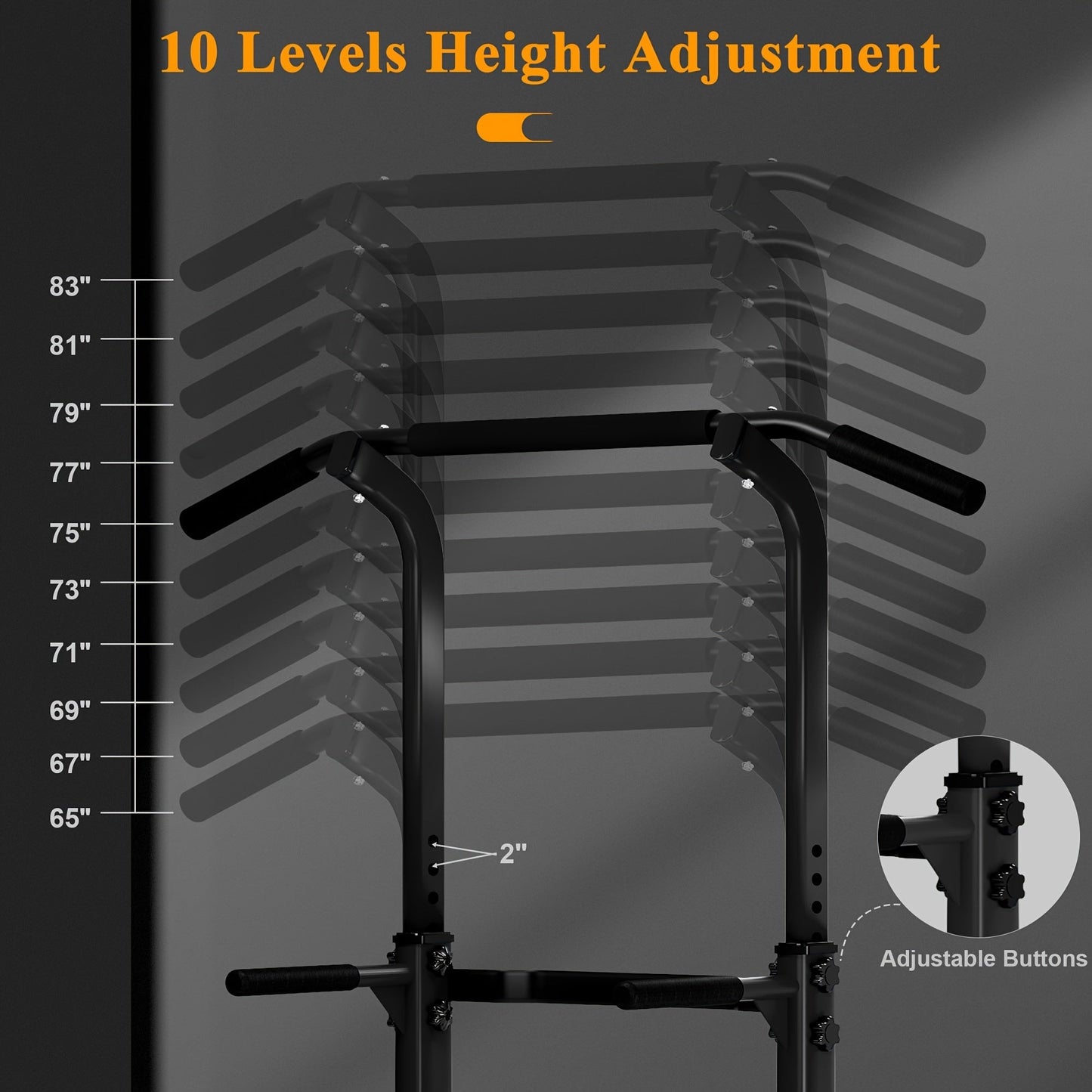 Adjustable Power Tower Dip Station Pull Up Bar for Home Gym 10 Height Levels 65-82.7 Inch 330LBS Capacity 6 Exercise Positions Full Body Strength Training Black Red Yellow Blue Pink Orange