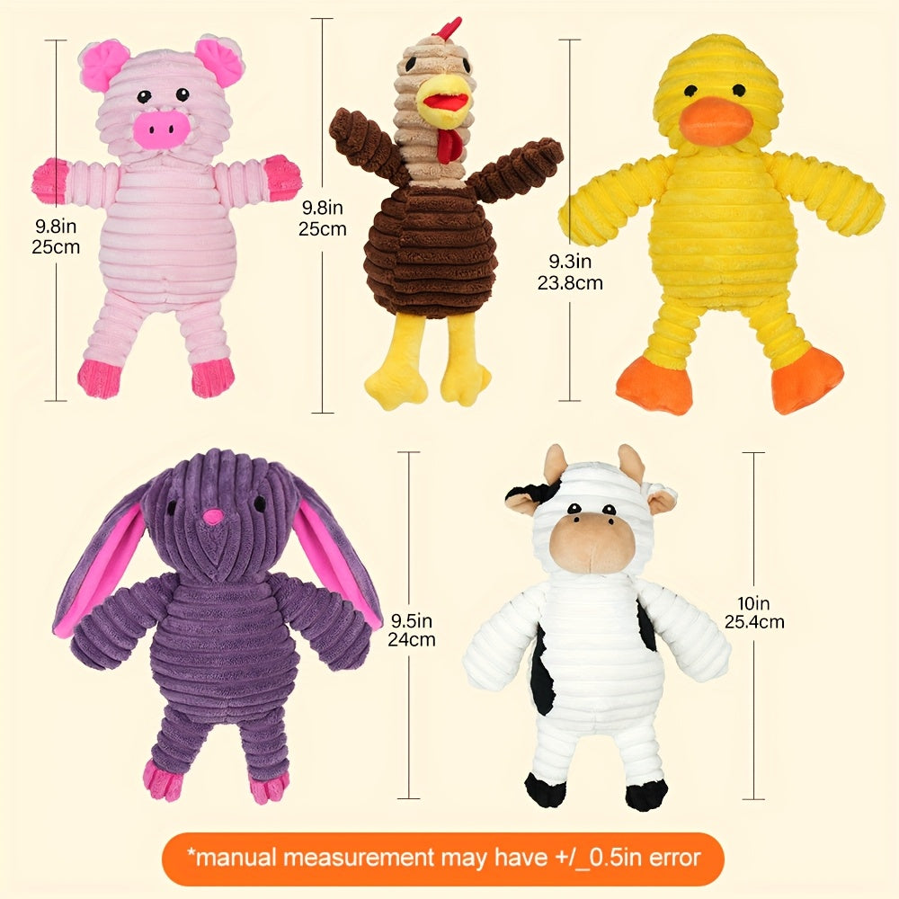 Plush Dog Squeaky Toys 5-Pack Bundle – Washable Stuffed Animal Chew Toys for Small Medium Large Dogs, Embroidered Safety Eyes, Animal Designs (Pig, Frog, Elephant, Chicken, Fox)