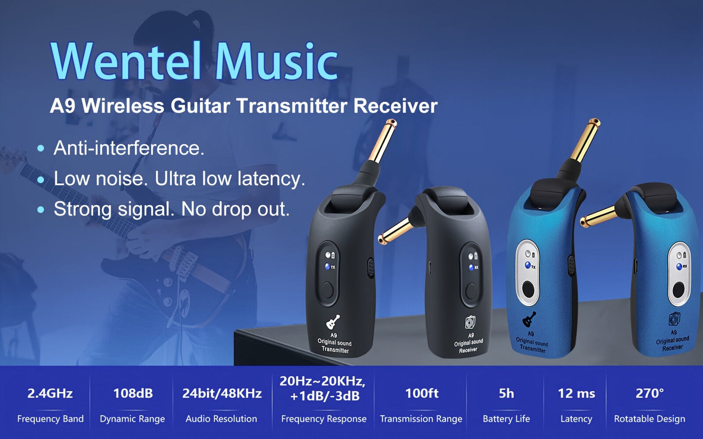 Wireless Guitar System 2.4GHz with 270° Rotatable Plug & Built-In Rechargeable Battery – Transmitter Receiver for Electric Guitar, Acoustic, Bass, Violin & Keyboard – Velora
