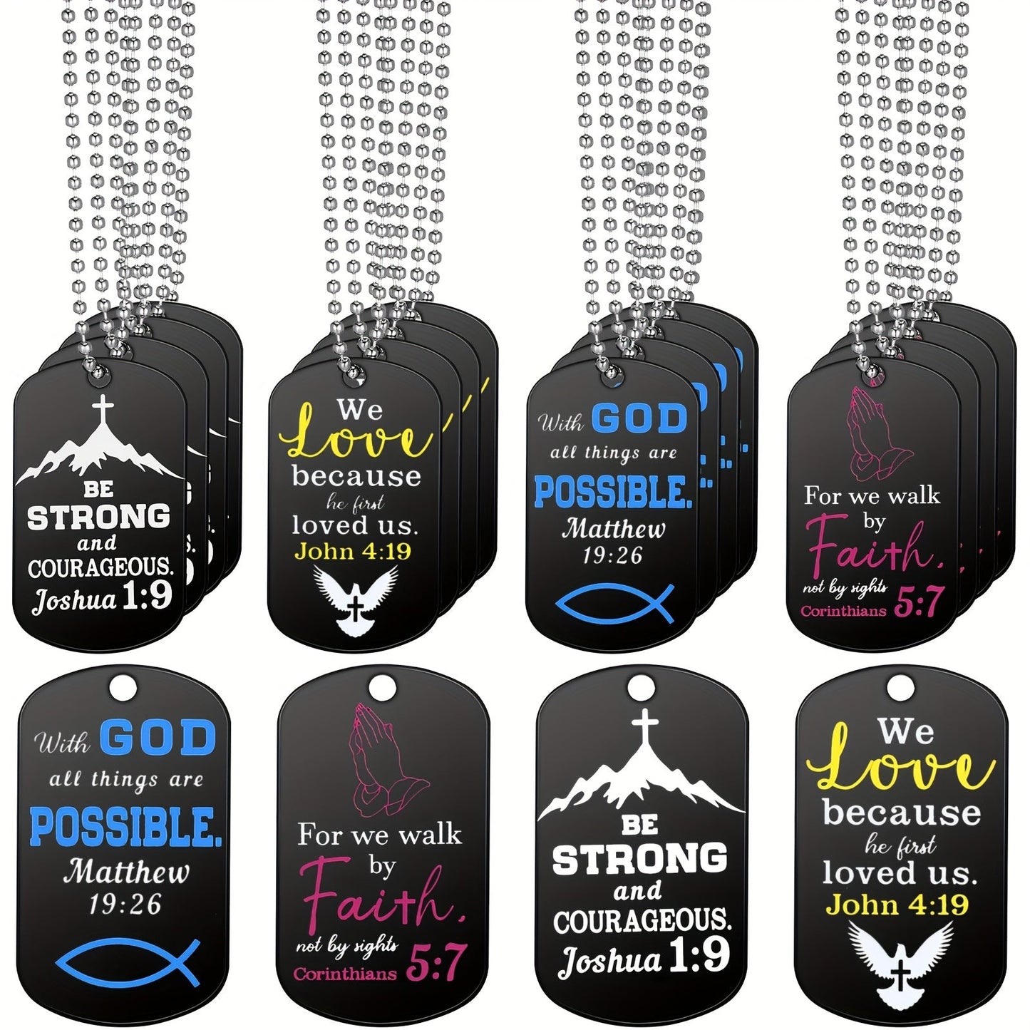 20Pcs Christian Bible Verse Dog Tag Necklaces Bulk Stainless Steel Inspirational Faith Necklace with Chain for Men Women Boys Religious Gift