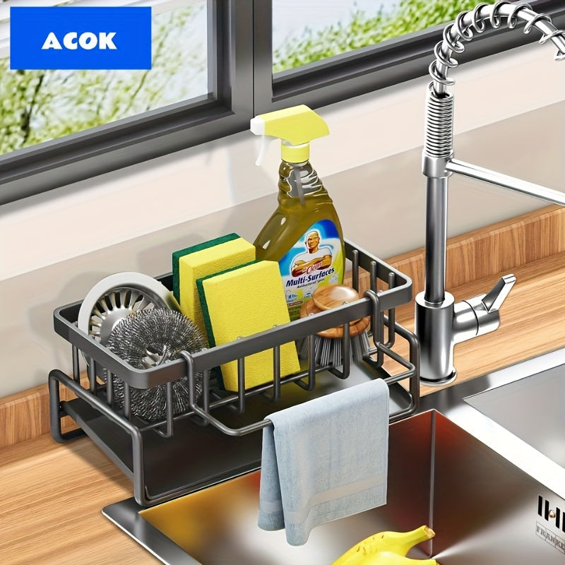 Kitchen Sink Caddy with Drainage & Removable Brush Holder – Countertop Sink Organizer for Dishwashing Brush, Sponge, Soap & Scrubber, Gray Plastic, for Kitchen, Bathroom & Laundry Room