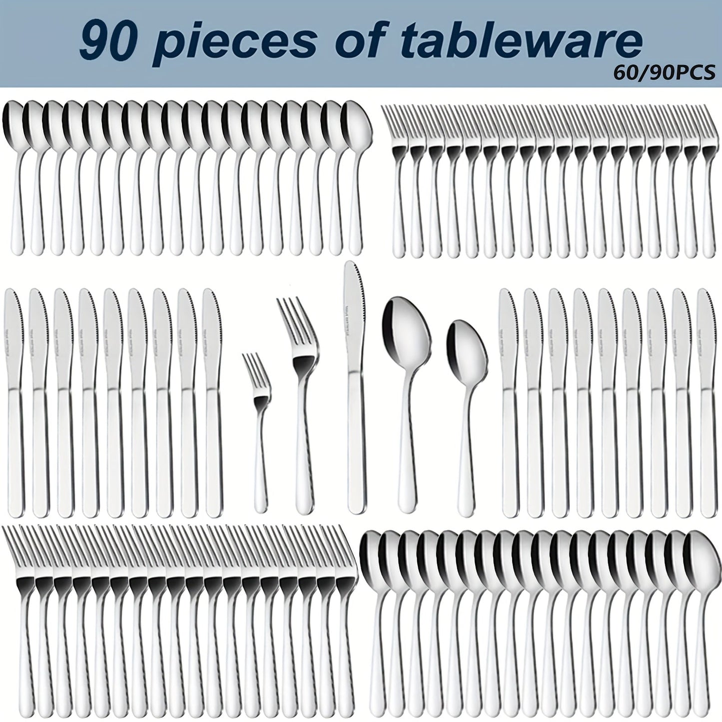 Stainless Steel Flatware Set 60/90 Piece – Silverware for 12-18 People with Gift Box, Steak Knives Salad Forks Dessert Spoons, Dishwasher Safe, for Home Wedding Camping Party Halloween