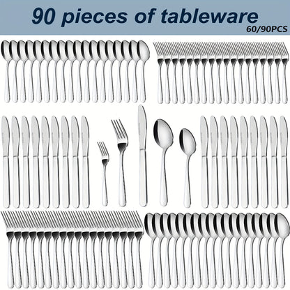 Stainless Steel Flatware Set 60/90 Piece – Silverware for 12-18 People with Gift Box, Steak Knives Salad Forks Dessert Spoons, Dishwasher Safe, for Home Wedding Camping Party Halloween