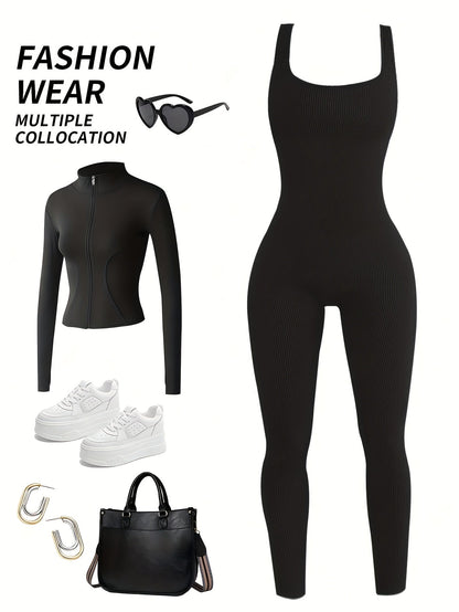 Women's Sleeveless Square Collar Jumpsuit – 90% Nylon Stretch Fabric, Thick & Opaque Active Wear for Yoga, Pilates, Running, Fitness & Everyday Events, Sizes S-XL, Multiple Colors