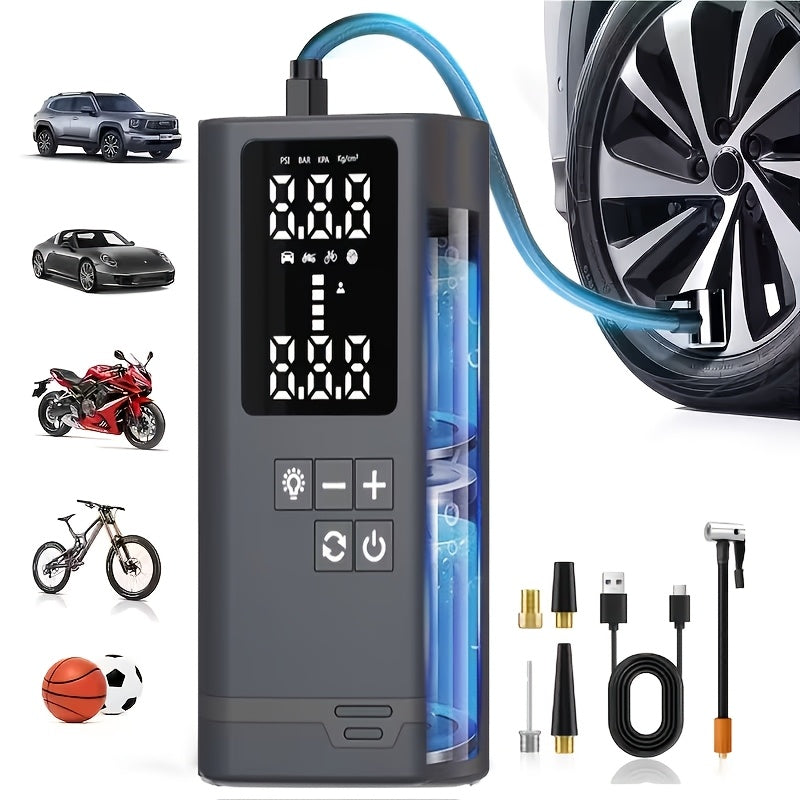 Portable Tire Inflator Air Compressor Wireless – USB Rechargeable, Digital Display, LED Light, Multi-Nozzle Adapter, Lithium Battery, Fits Car, Motorcycle, Bicycle, Sports Balls