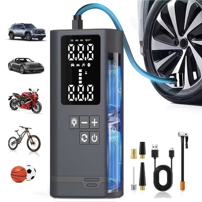 Portable Tire Inflator Air Compressor Wireless – USB Rechargeable, Digital Display, LED Light, Multi-Nozzle Adapter, Lithium Battery, Fits Car, Motorcycle, Bicycle, Sports Balls