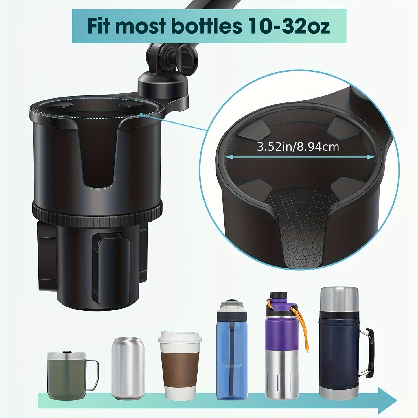 Car Phone Cup Holder Mount 2-in-1 Swivel 360° Rotation Universal Fit for Cars SUVs Trucks with Shock Absorption Trim - Black Extender