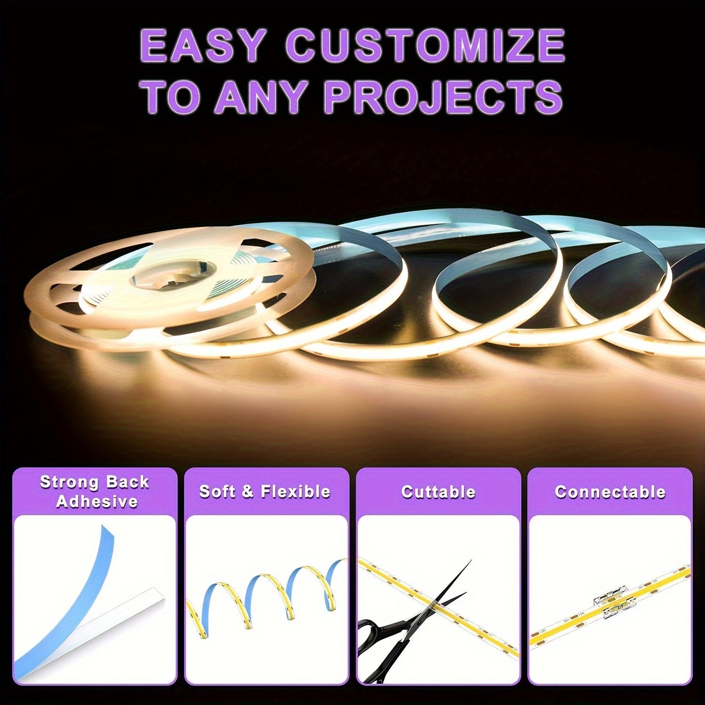 COB LED Strip Light 32.8ft 4800 LEDs Dimmable – Super Bright High Lumen Flexible LED Tape Light for Under Cabinet, TV Backlight, Bedroom, Kitchen & Holiday Decoration