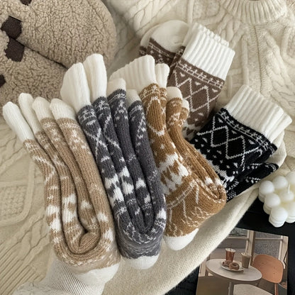 5-Pack Women's Thermal Winter Socks – Fluffy Warm Mid-Calf Cold Weather Socks with Ethnic Rhombus Pattern, Cozy Soft Fabric for Outdoor Commuting & Everyday Wear, Multi-Color