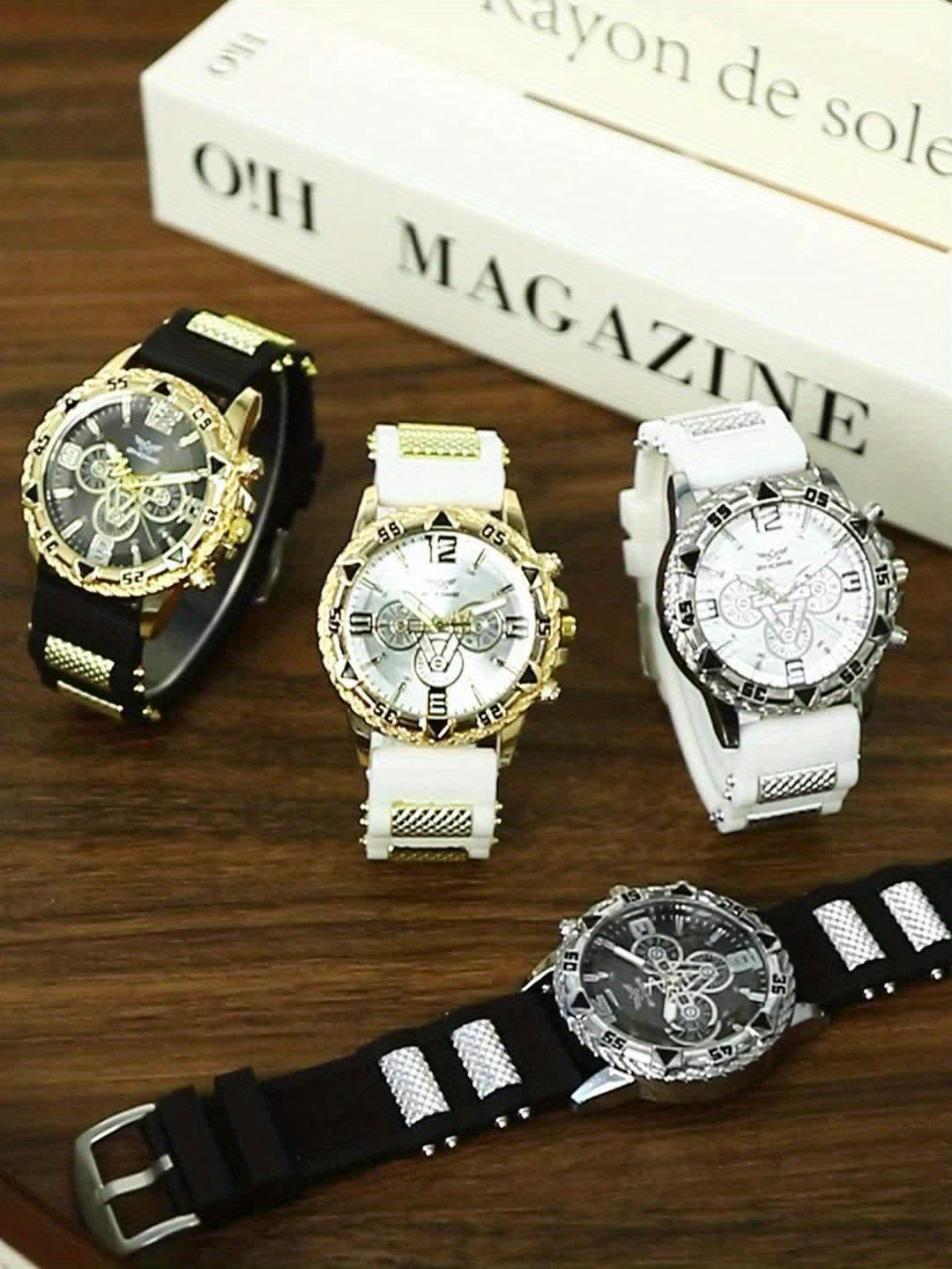 2-Pack Men's Large Dial Silicone Strap Quartz Watch Set Sports Business Casual Wristwatch Round Dial 5 Color Combos Gift for Him