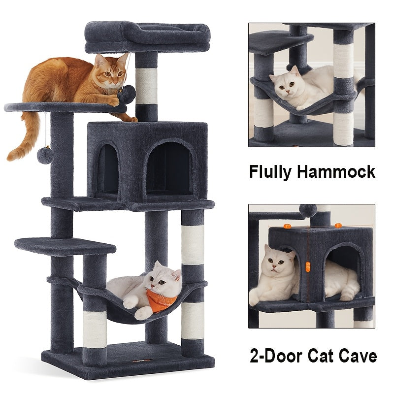 Multi-Level Cat Tree Tower 44-66 Inch with Hammock Sisal Scratching Posts Cozy Cave Perches Anti-Tilt Stable Cat Condo for Multi-Cat Families Kittens & Cats Gift