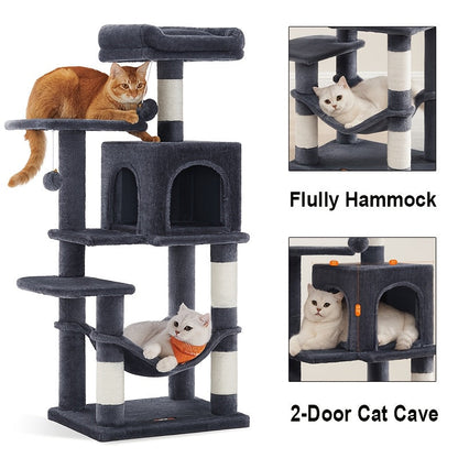 Multi-Level Cat Tree Tower 44-66 Inch with Hammock Sisal Scratching Posts Cozy Cave Perches Anti-Tilt Stable Cat Condo for Multi-Cat Families Kittens & Cats Gift