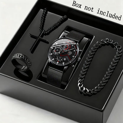 4pcs Men's Stainless Steel Watch & Jewelry Gift Set – Quartz Analog Date Watch with Cross Necklace & Bracelet, Coordinated Metallic Look for Business Casual, Valentine's Day, Mardi Gras & Special Events