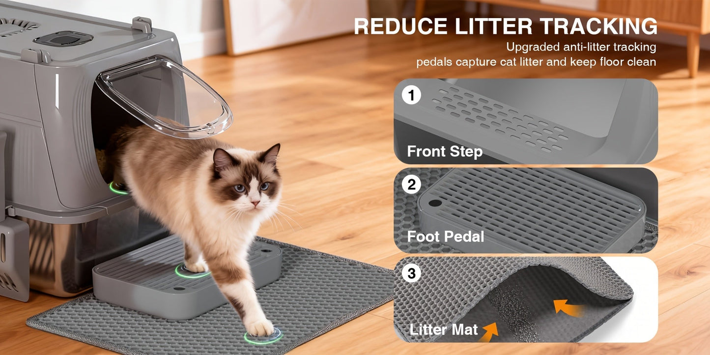 Oversized Enclosed Stainless Steel Cat Litter Box with Lid, Collapsible Anti-Splash Covered Indoor Cat Toilet with Front Flap Door & Superior Odor Control