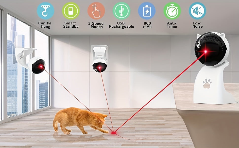 Automatic Laser Cat Toy USB Rechargeable – 3 Speed Modes, Hang or Place, 0–130° Adjustable Angle, 800mAh Battery, 15-Min Auto Shutoff, Interactive Laser Pointer for Indoor Cats Kittens Dogs