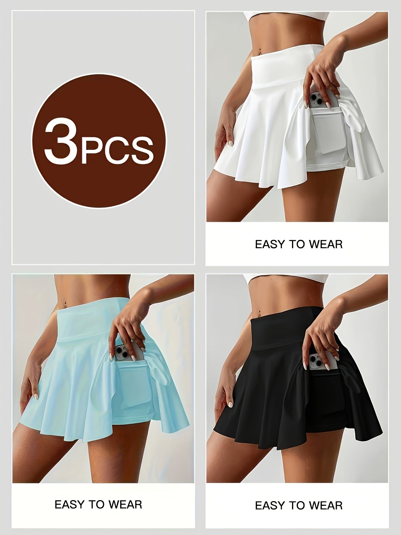 Women's Athletic Pleated Tennis Skort 3-Pack High Waist with Pockets Stretchy Polyester Yoga Skirt Machine Washable Side Tie Detail Comfort Fit for Tennis Yoga Gym Dance Sizes S-XXL