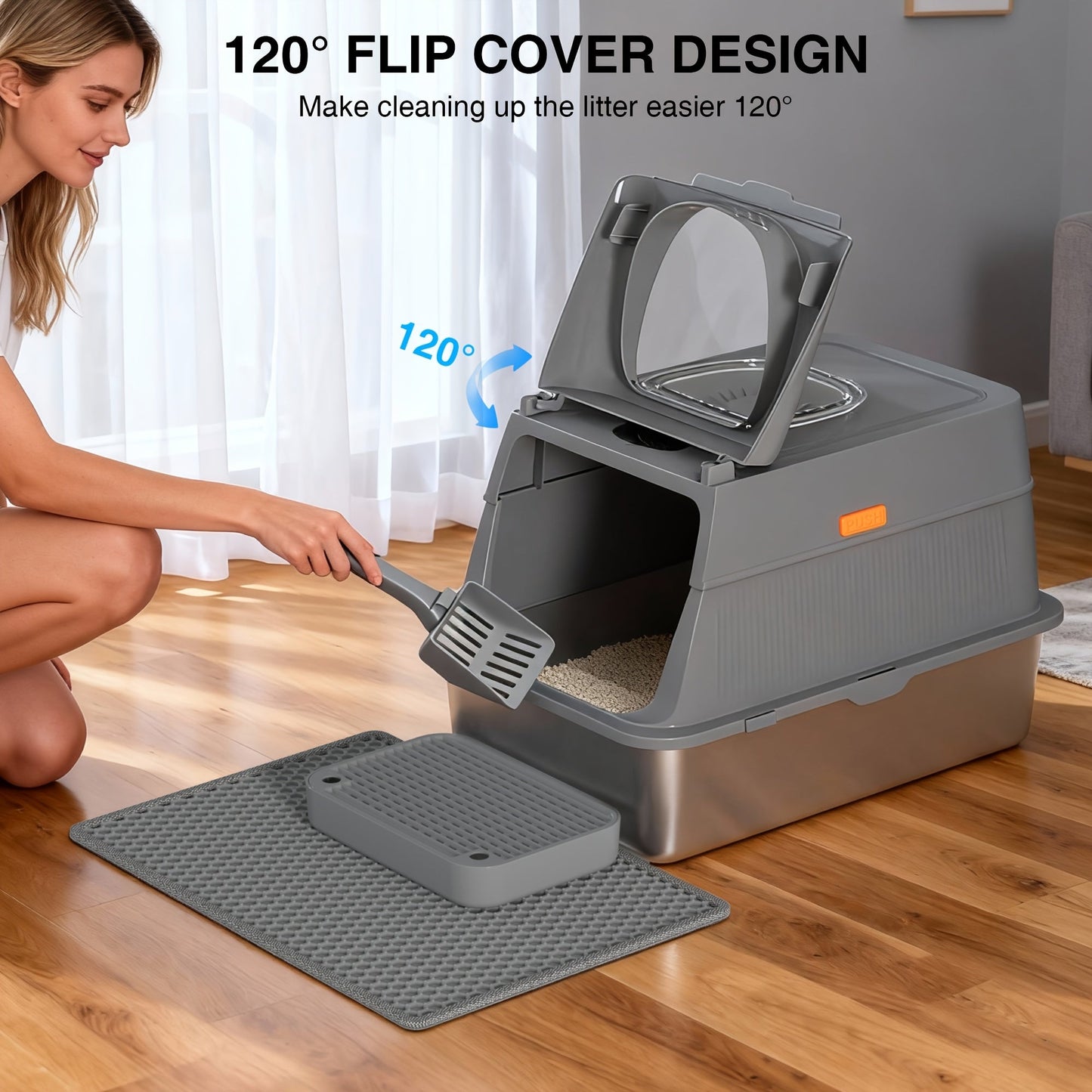 Oversized Enclosed Stainless Steel Cat Litter Box with Lid, Collapsible Anti-Splash Covered Indoor Cat Toilet with Front Flap Door & Superior Odor Control