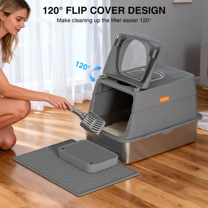 Oversized Enclosed Stainless Steel Cat Litter Box with Lid, Collapsible Anti-Splash Covered Indoor Cat Toilet with Front Flap Door & Superior Odor Control