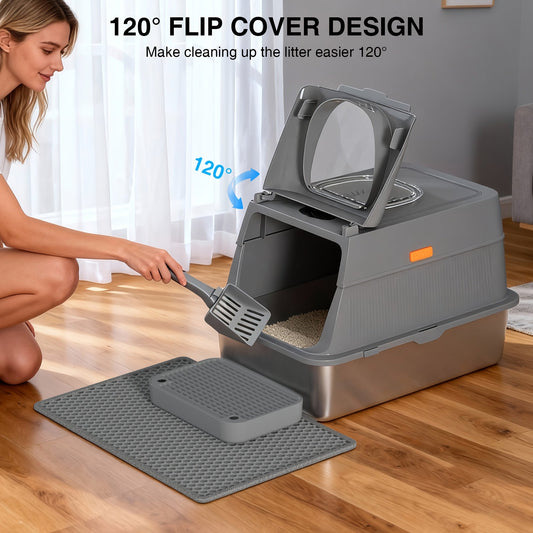 Oversized Enclosed Stainless Steel Cat Litter Box with Lid, Collapsible Anti-Splash Covered Indoor Cat Toilet with Front Flap Door & Superior Odor Control