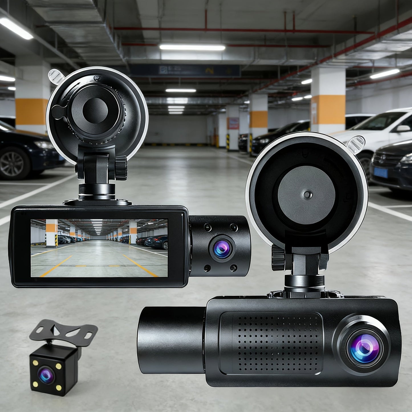 3-Channel Dash Cam with Infrared Night Vision & Smartphone App – Front, Rear & Interior Car Camera with Loop Recording, Wide Angle Lens, Optional 64GB/512GB Memory Card for Cars, Trucks & Rideshare