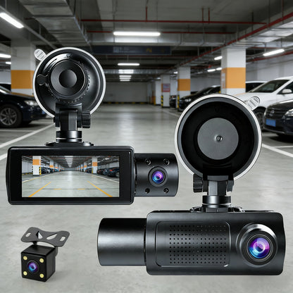 3-Channel Dash Cam with Infrared Night Vision & Smartphone App – Front, Rear & Interior Car Camera with Loop Recording, Wide Angle Lens, Optional 64GB/512GB Memory Card for Cars, Trucks & Rideshare