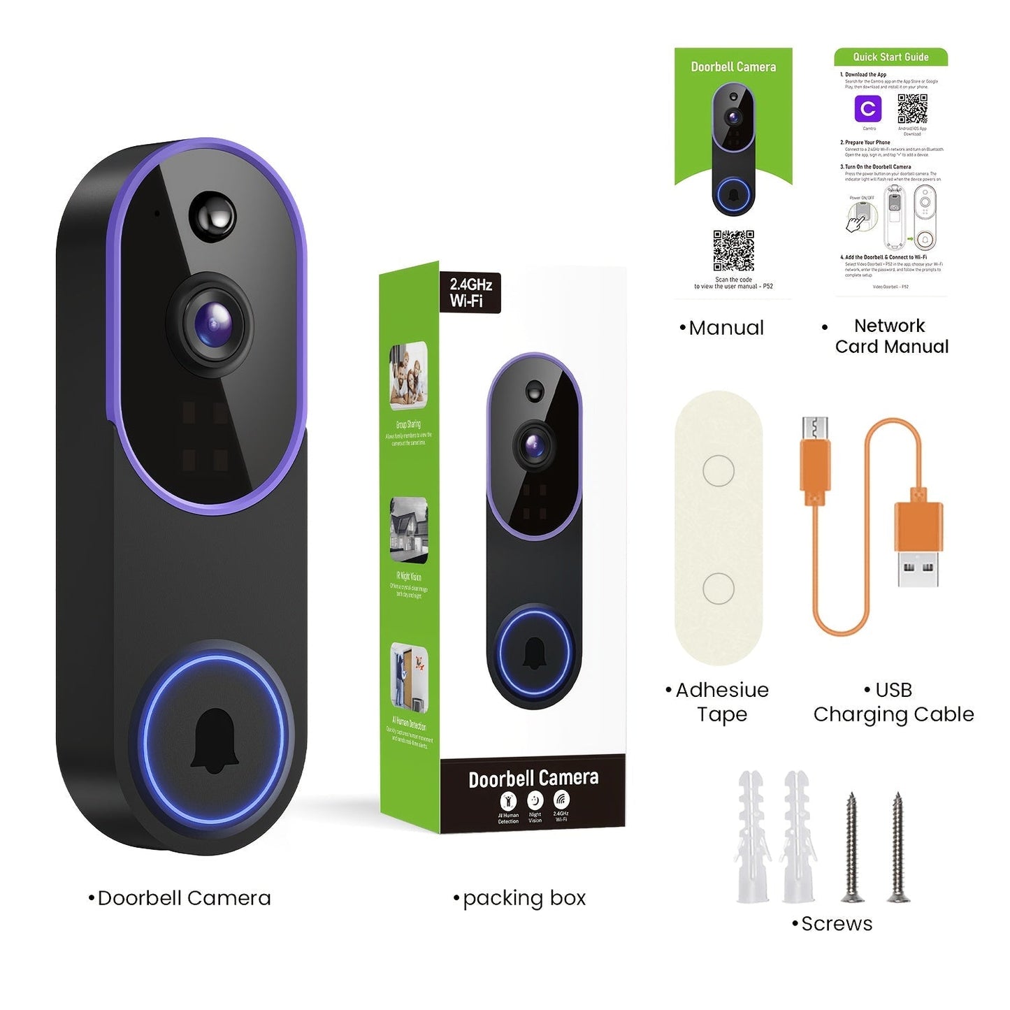 Wireless Doorbell Security Camera 1080P HD | 166° Panoramic View, Auto Tracking, Night Vision, Spotlight, Two-Way Audio, Person & Vehicle Detection, 2.4G WiFi – 1pc or 2pcs