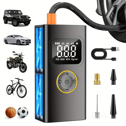 Portable Tire Inflator 150PSI Cordless Air Compressor | 6000mAh Battery, 3X Fast Inflation, LCD Pressure Gauge, Auto Shutoff, LED Light, USB-C – For Cars, Motorcycles, Bicycles & Balls
