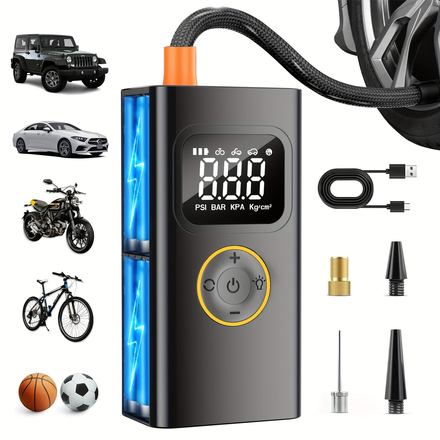 Portable Tire Inflator 150PSI Cordless Air Compressor | 6000mAh Battery, 3X Fast Inflation, LCD Pressure Gauge, Auto Shutoff, LED Light, USB-C – For Cars, Motorcycles, Bicycles & Balls
