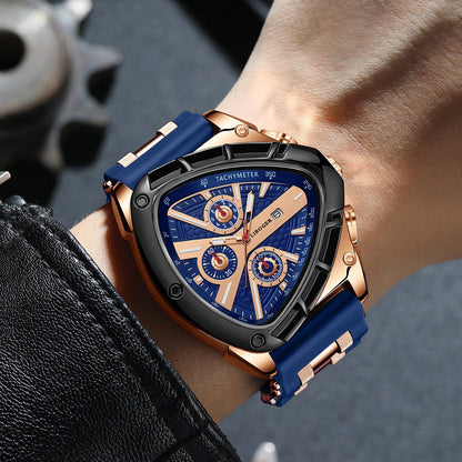 Men's Luxury Quartz Watch Triangular Dial Silicone Band Date Display Chronograph Business Casual Wristwatch 5 Colors