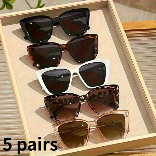 5Pcs Women's Cat Eye Sunglasses Set – Tortoiseshell Large Frame UV Protection Fashion Eyewear with Protective Case & Microfiber Cloth, Stylish Shades for Driving, Outdoor & Everyday Wear