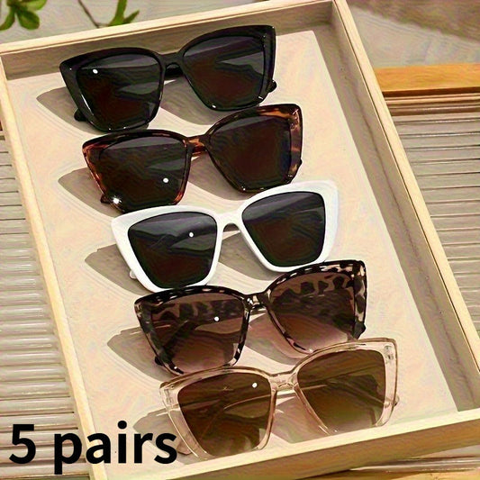 5Pcs Women's Cat Eye Sunglasses Set – Tortoiseshell Large Frame UV Protection Fashion Eyewear with Protective Case & Microfiber Cloth, Stylish Shades for Driving, Outdoor & Everyday Wear