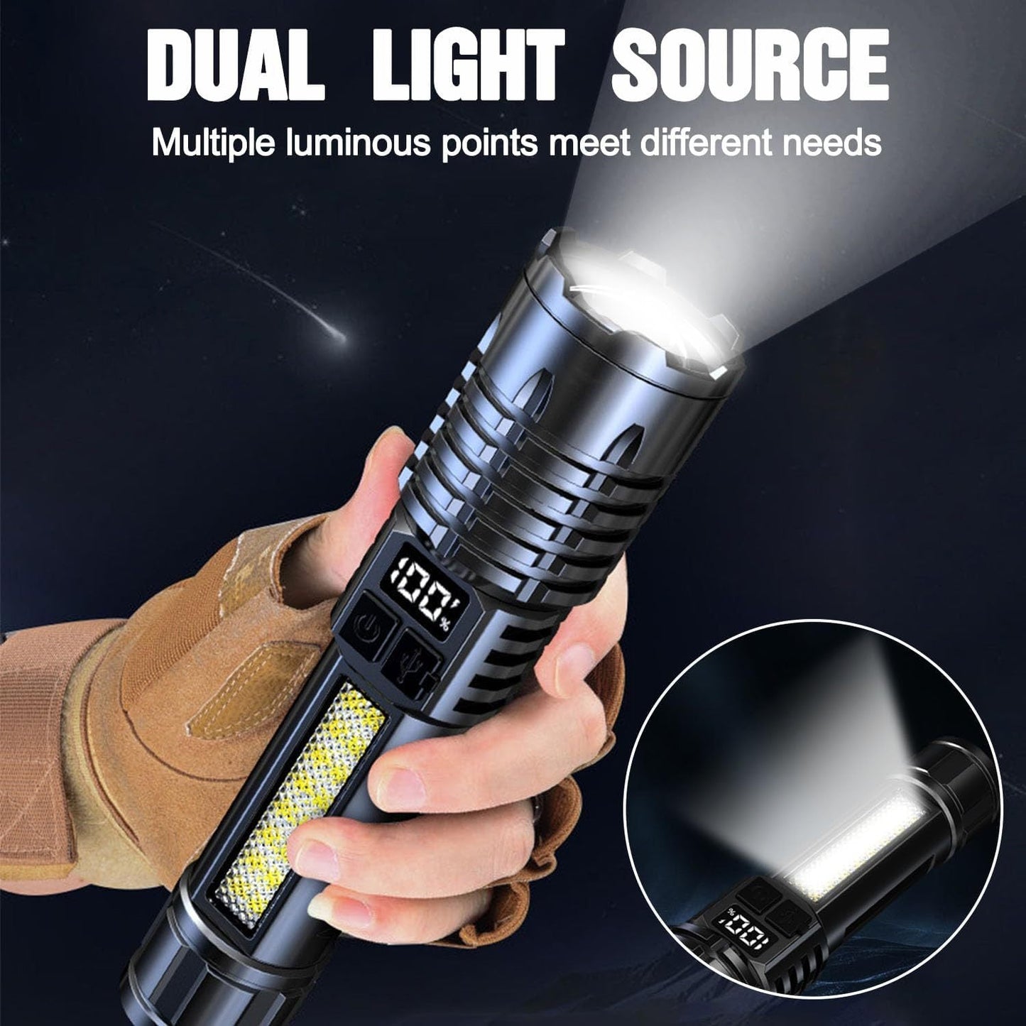 Rechargeable Tactical Flashlight 2 Pack USB COB LED – Ultra Bright 5 Modes Zoomable 200-500M Beam LCD Display for Camping Fishing Hunting Cycling Emergency