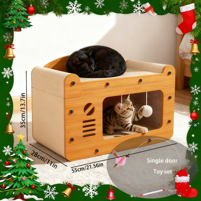 Large Cat House with Scratcher Pads & Plush Ball Toys – Ventilated Indoor Outdoor Cat Shelter, Choose Single Door, Double Door or Luxury Double-Layer Design, Great Cat Gift