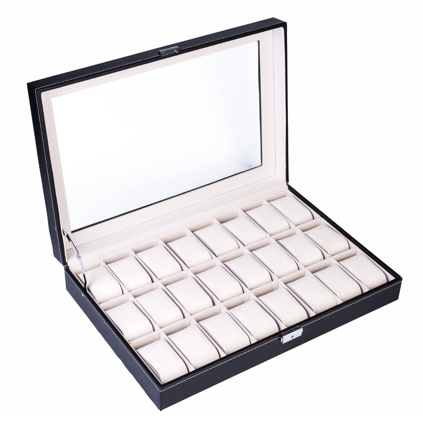24-Slot Leather Watch Box Organizer – Large Capacity Watch Display Case with Top-Opening Lid, Lockable Storage for Men & Women, Elegant Black PU Leather Watch Collector Gift