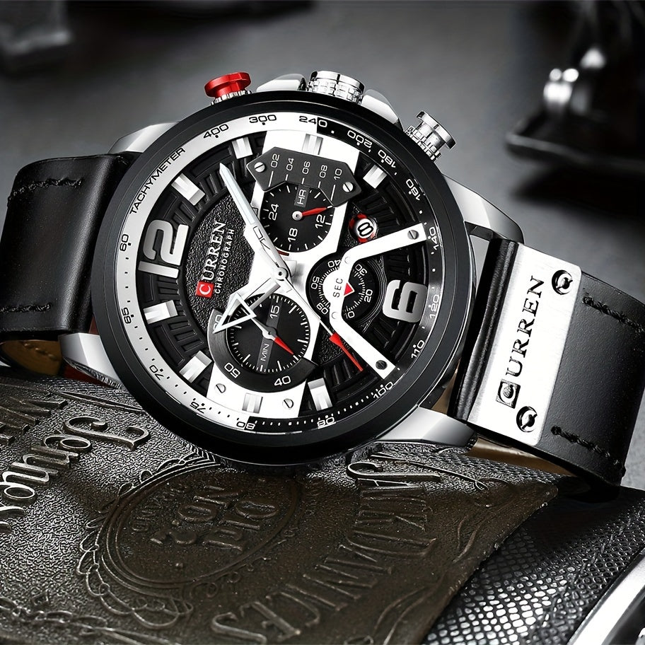 CURREN Men's Chronograph Watch Business Quartz Analog Wrist Watch with Date Display, Tachymeter Bezel & Faux Leather Strap – Stylish Dress Watch for Men in 5 Colors
