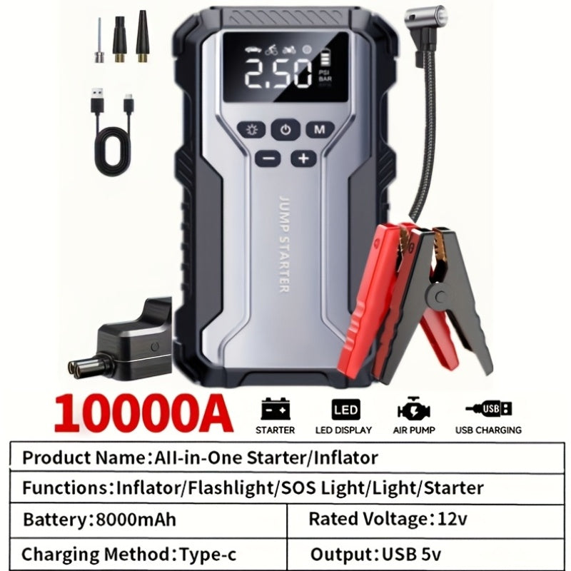 Portable Car Jump Starter Kit 12V Multi-Function Battery Booster LED Flashlight SOS Rescue Light Air Pump for Cars Trucks SUVs Emergency Roadside Power