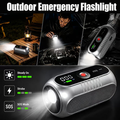 3000A Car Jump Starter 9-in-1 with Built-In Tire Inflator, USB Ports & LED Emergency Light – 12V Portable Wireless Battery Booster for Cars, Trucks & SUVs – Roadside Emergency Tool – Velora