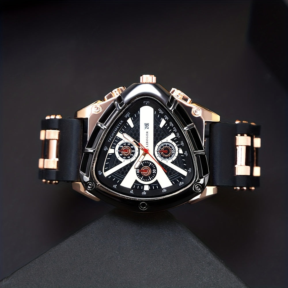 3pcs Men's Quartz Watch Set – Silicone Strap Date Display Triangular Dial, Fashion Sport Casual Wrist Watches for Men, Ideal Birthday Anniversary Gift Set