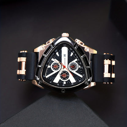 3pcs Men's Quartz Watch Set – Silicone Strap Date Display Triangular Dial, Fashion Sport Casual Wrist Watches for Men, Ideal Birthday Anniversary Gift Set