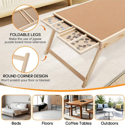 Wooden Puzzle Table with Folding Legs – 4 Drawers & 16 Sorting Grids for 1000 Piece Puzzles | Portable Puzzle Board for Storage & Organization, Home & School Supplies