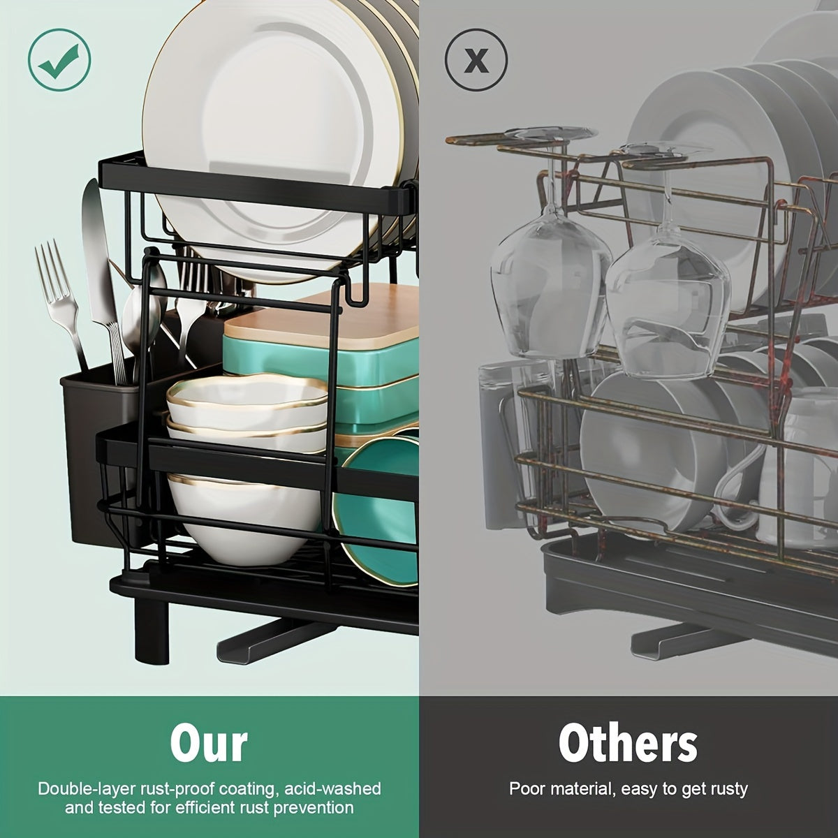 2-Tier Dish Drying Rack with Drainboard & Removable Utensil Holder – Large Capacity Dish Rack for Kitchen Counter, Sink-Side Drying Rack for Dishes, Cookware & Utensils – Space-Saving Design
